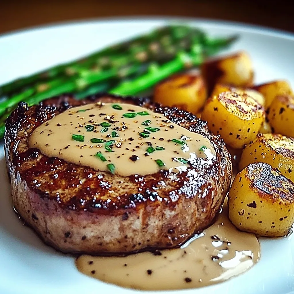 Ein Steak mit Knoblauch und Parmesan Creme auf einem weißen Teller.