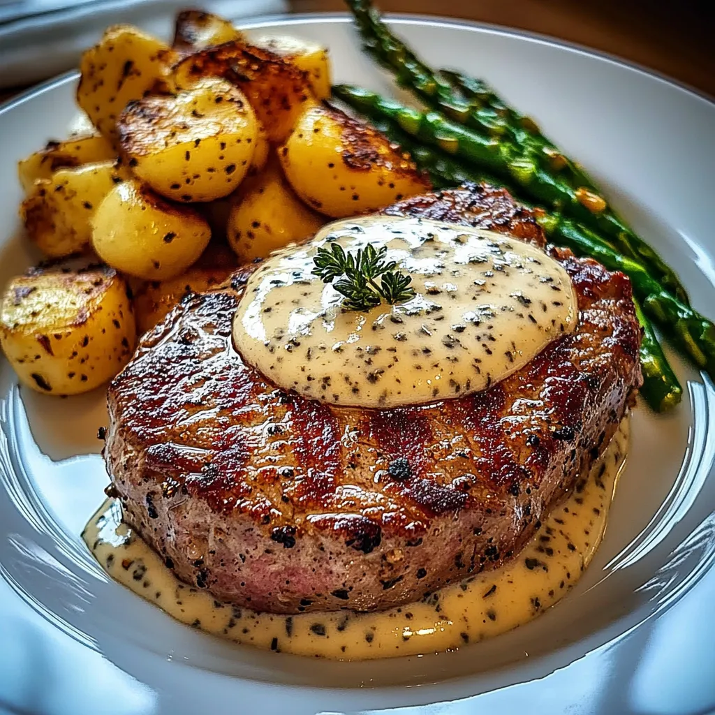 Ein Steak mit Parmesan Creme und Knoblauch auf einem weißen Teller.