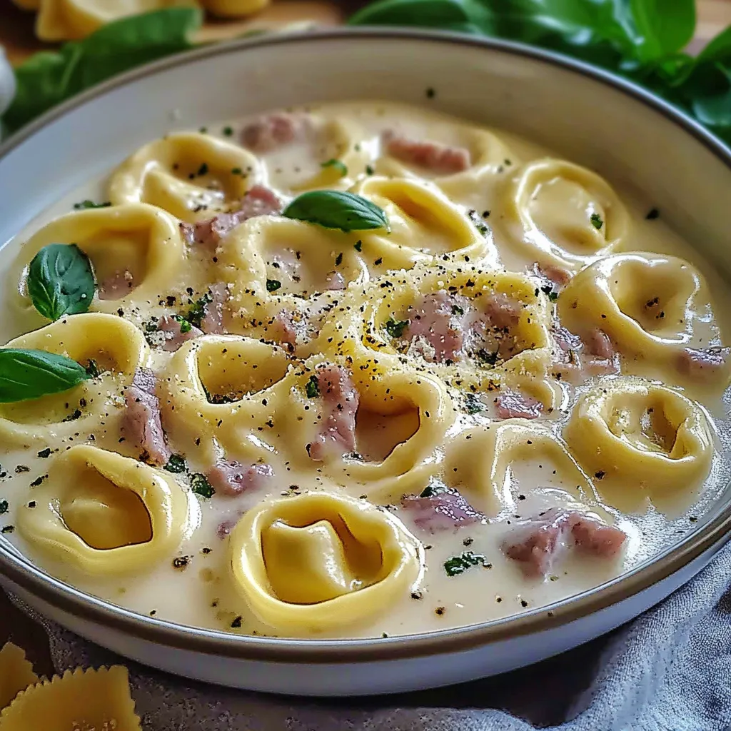 Ein Teller mit Tortellini alla Panna Schinken, die mit Schinken, Spinat und Panna zubereitet sind.
