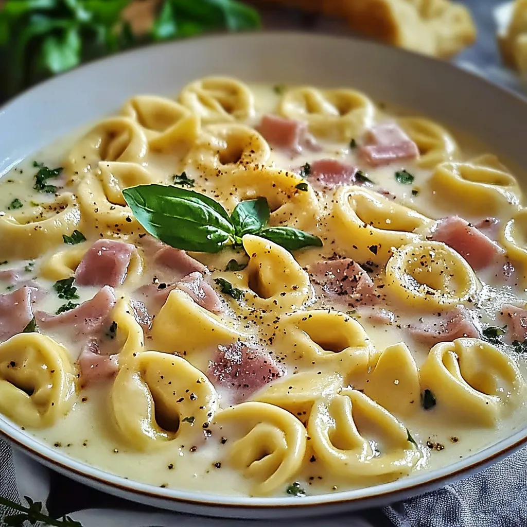 Ein weißer Teller mit Tortellini alla Panna Schinken.