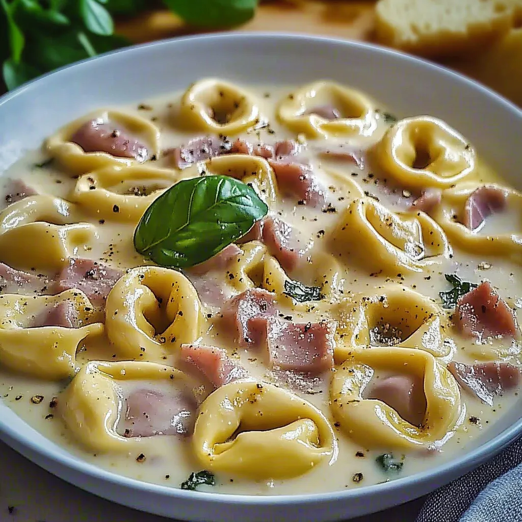 Ein weißer Teller mit Tortellini-Auflauf, der mit Schinken und Spinat garniert ist.