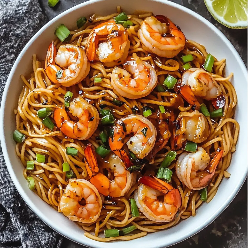 Ein weißer Teller mit einer Mischung aus Nudeln, Garnelen und Knoblauch.