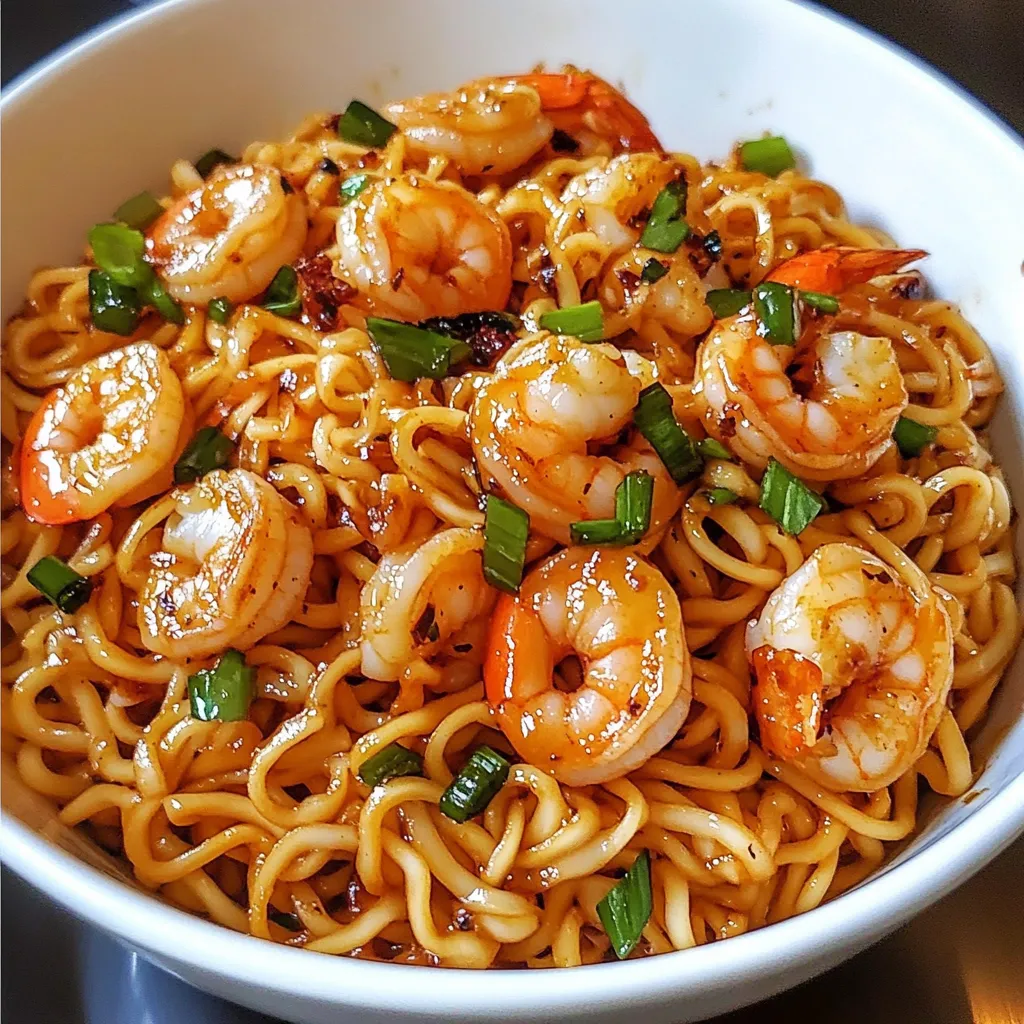 Ein weißer Teller mit einer Mischung aus Nudeln, Garnelen und Knoblauch.