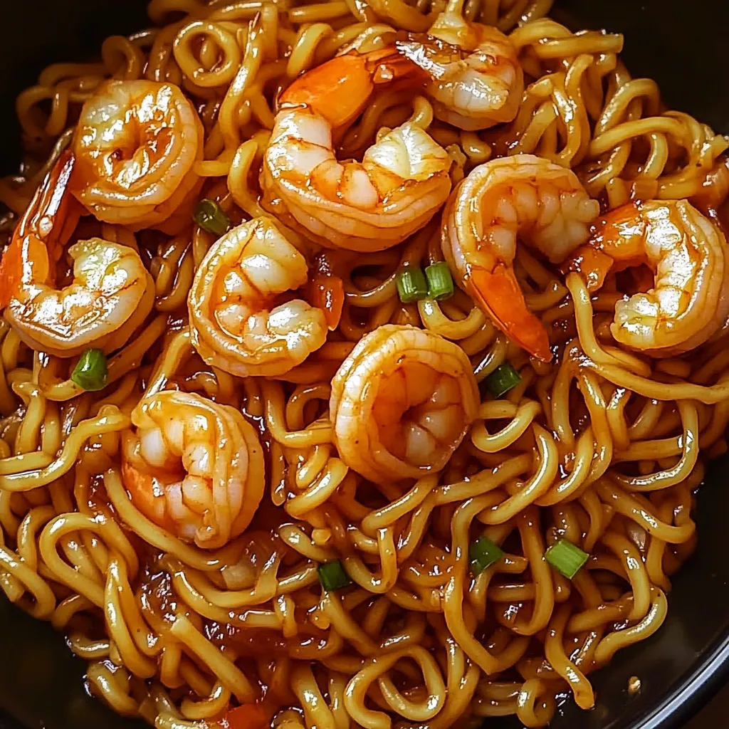 Ein Schälchen mit Nudeln und Garnelen.