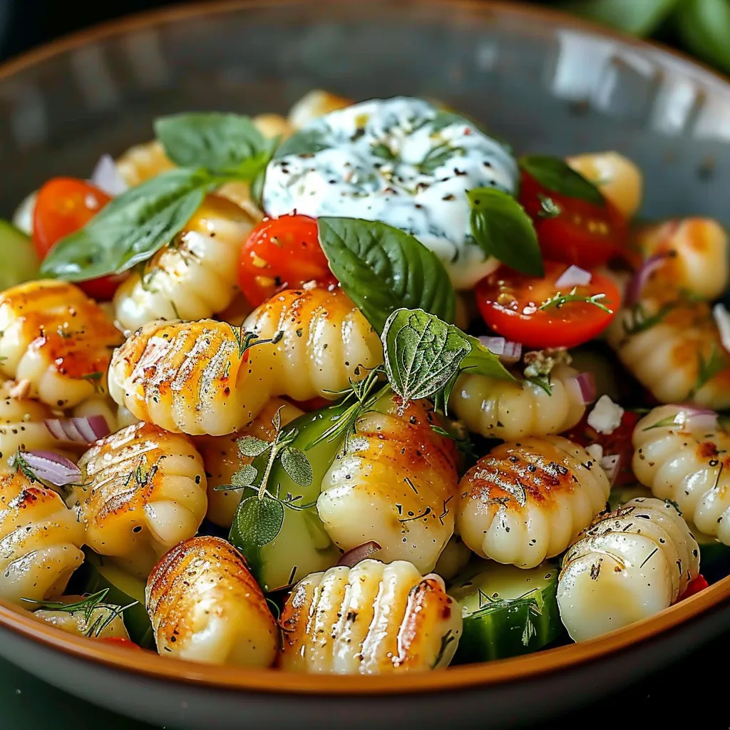 Ein Schälchen mit Pasta, Tomaten, Basilikum und Mayonnaise.