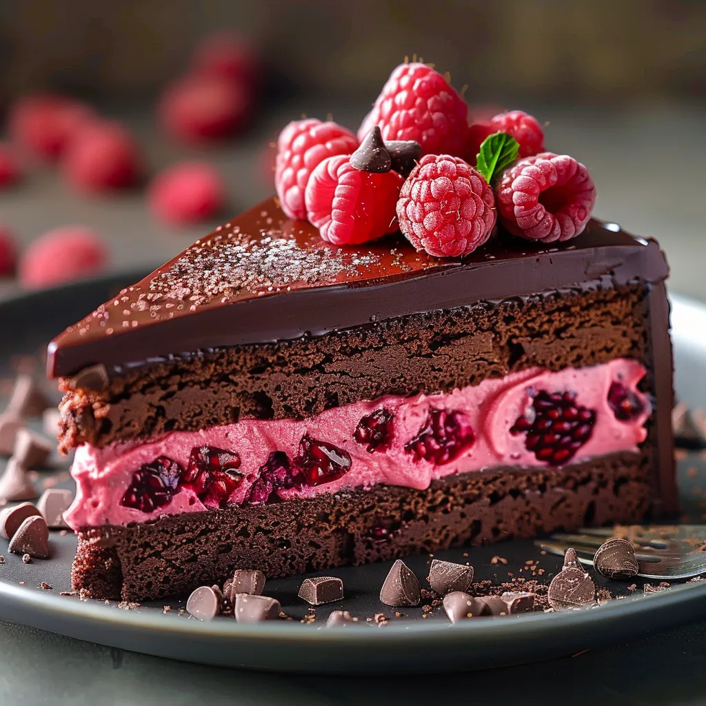 Eine Schokoladenkuche mit Raspberry-Schnitten auf einem Plate.