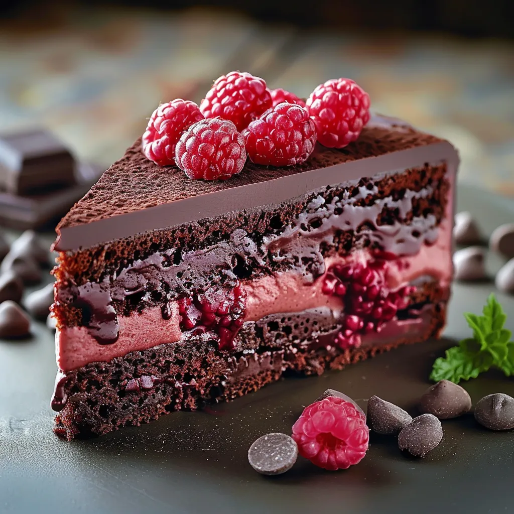 Eine Schokoladenkuche mit Raspberry-Fruchtgarnitur.