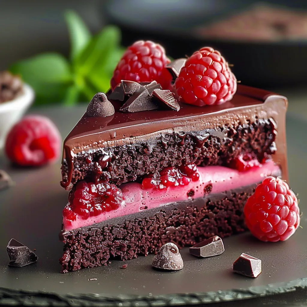 Eine Schokoladenkuche mit Raspberry-Fruchtgarnitur.