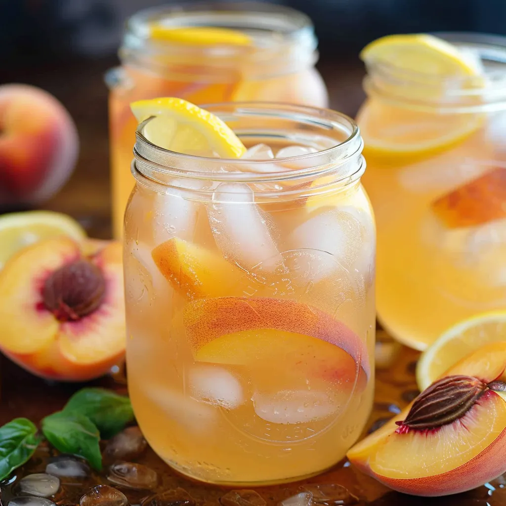 Ein Glas mit frischem Peach-Saft, der mit Eis und Zitrusfrüchten gemischt wurde.