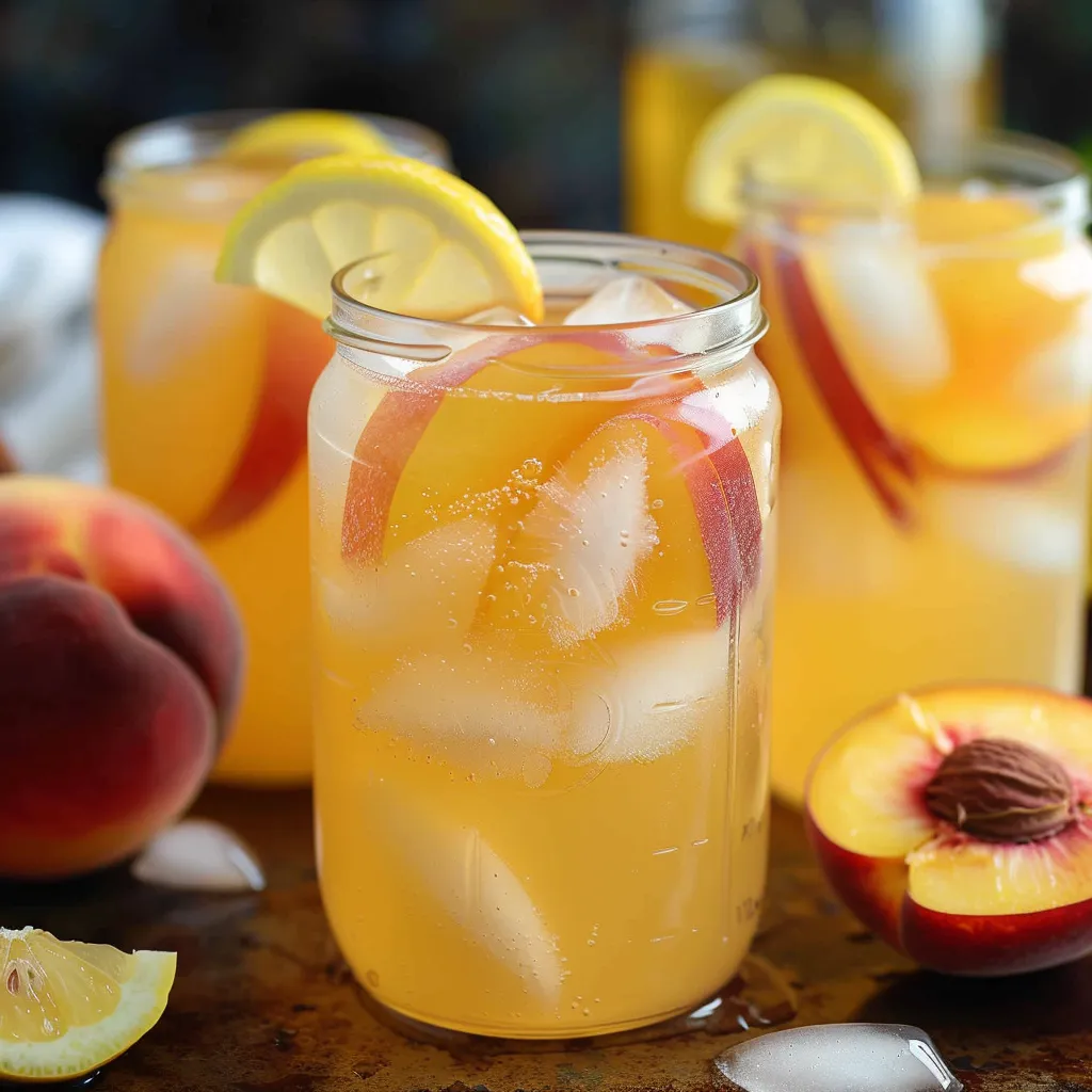 Ein Glas mit frischem Obst, darunter eine Halbe von einer Peche, die in einem Glas mit Eis und Zitronenwasser aufbewahrt wird.