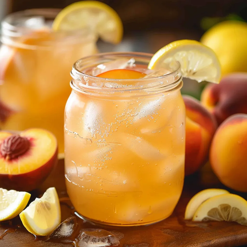 Ein Glas mit einem Getränk, das aus Peach und Limette gemacht wird, auf einem Tisch.