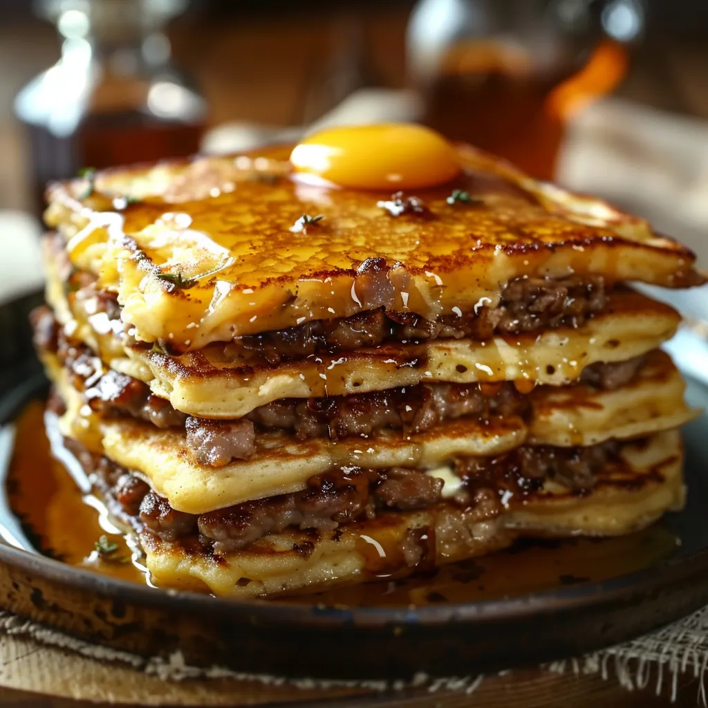 Eine Platte mit einer Schicht aus Pancakes und Eiern.