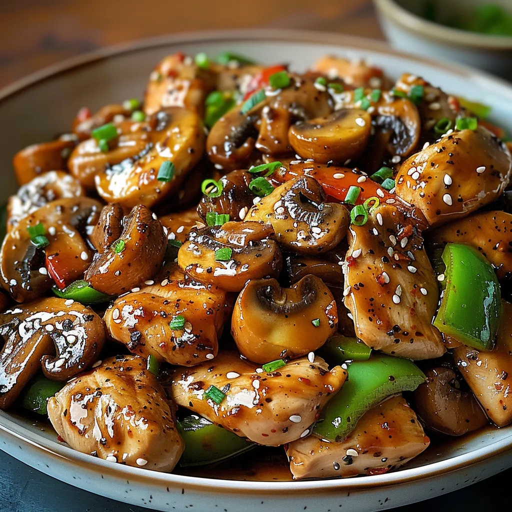 Ein Schüssel mit einer Mischung aus Gemüse, Garnelen und Hühnchen, garniert mit Sesam und Chili.