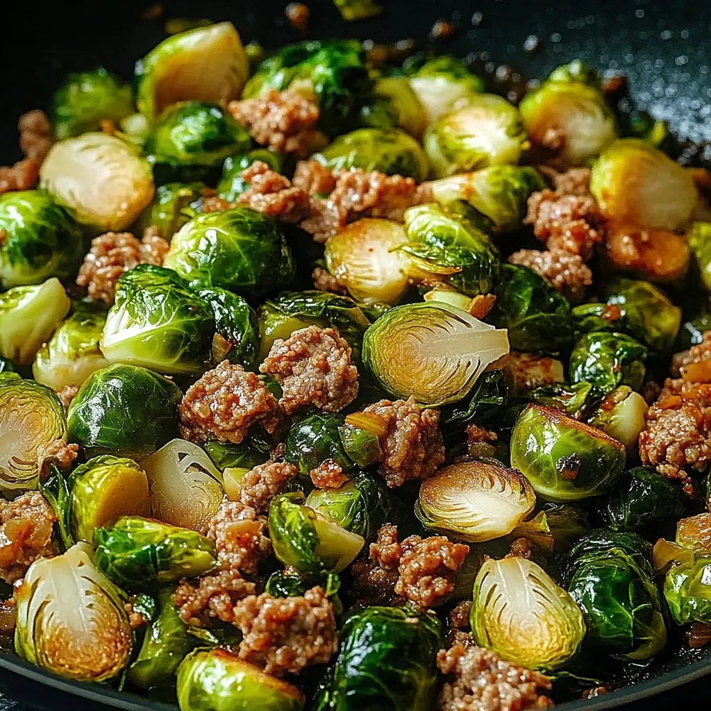 Ein schwarzes, glänzendes Pfannen mit würzigen Rosenkohl und Hackfleisch.