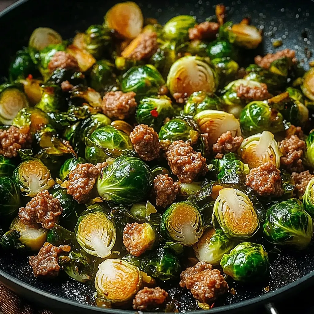 Ein Topf mit würzigen Rosenkohl und Hackfleisch.