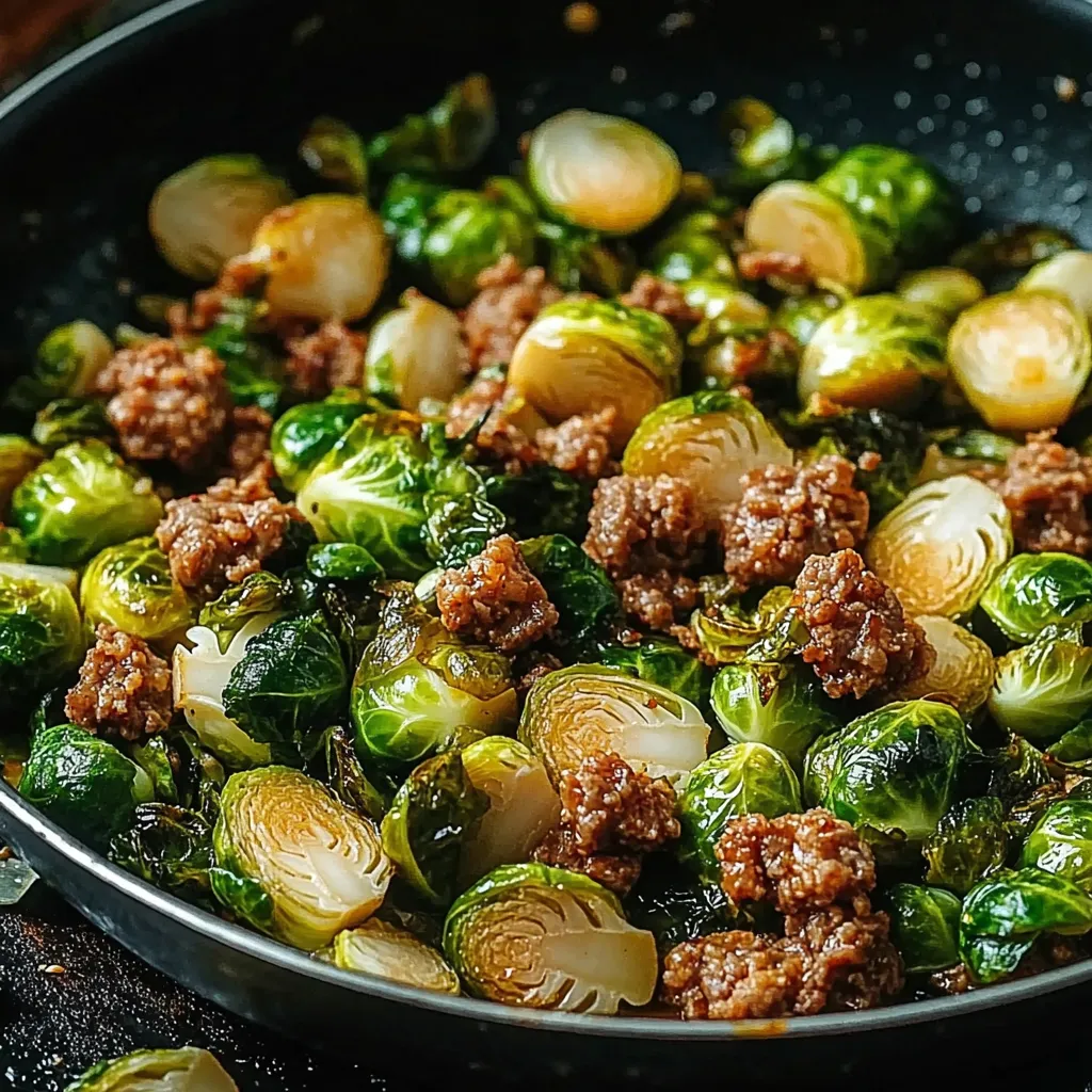 Ein schwarzes Teller mit Würziger Rosenkohl und Hackfleisch.