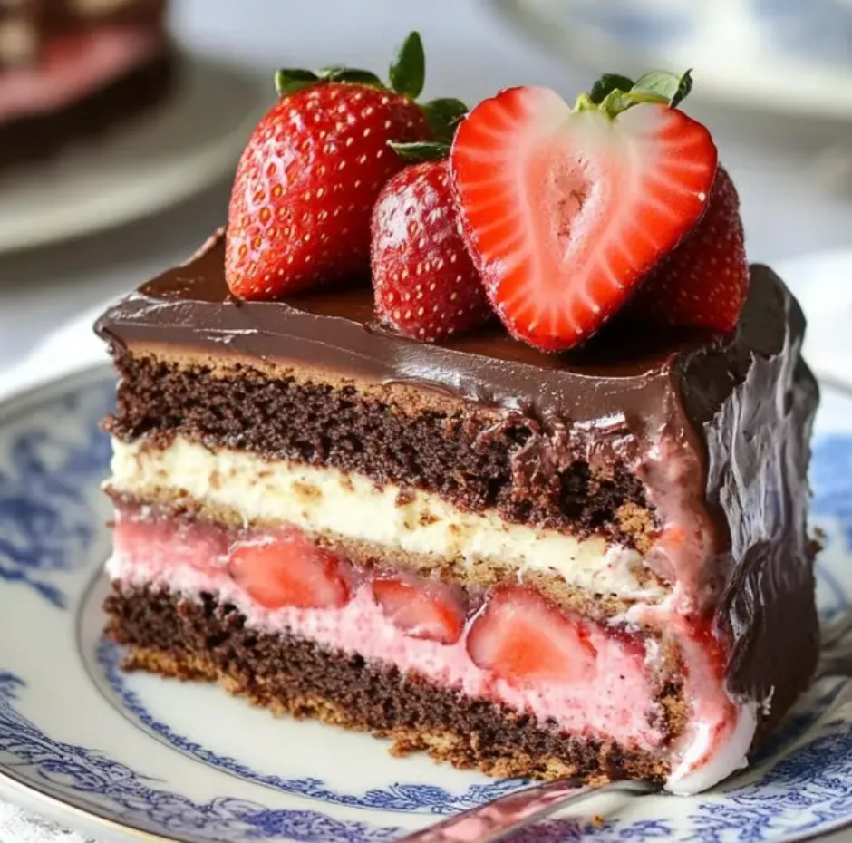 Eine Schokoladenkuche mit Strawberries und Erdbeeren auf einem Plate.
