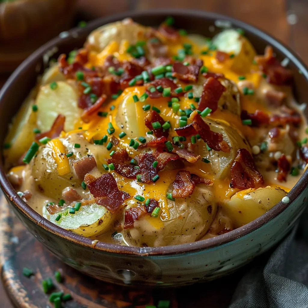 Ein Schüssel mit Bacon, Kartoffeln und Zwiebeln.