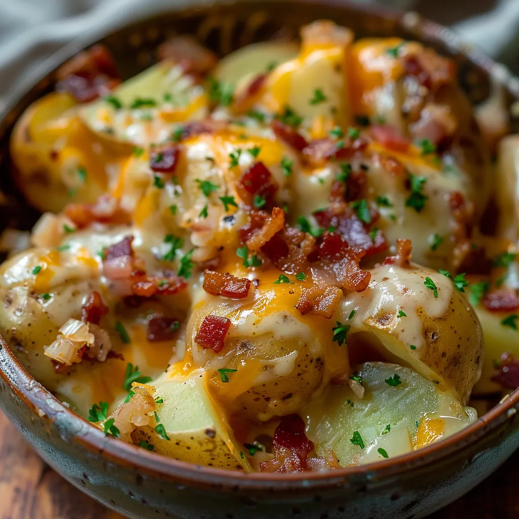 Ein Schüssel mit Bacon, Kartoffeln und Zwiebeln.
