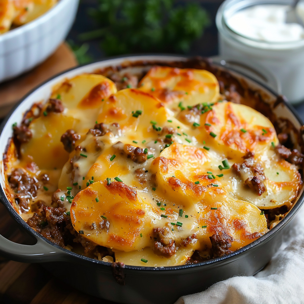 Ein Schüssel mit Kartoffeln und Käse.