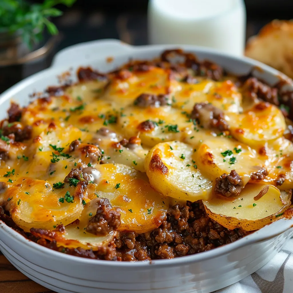Ein Schälchen mit Kartoffeln und Rindfleisch.