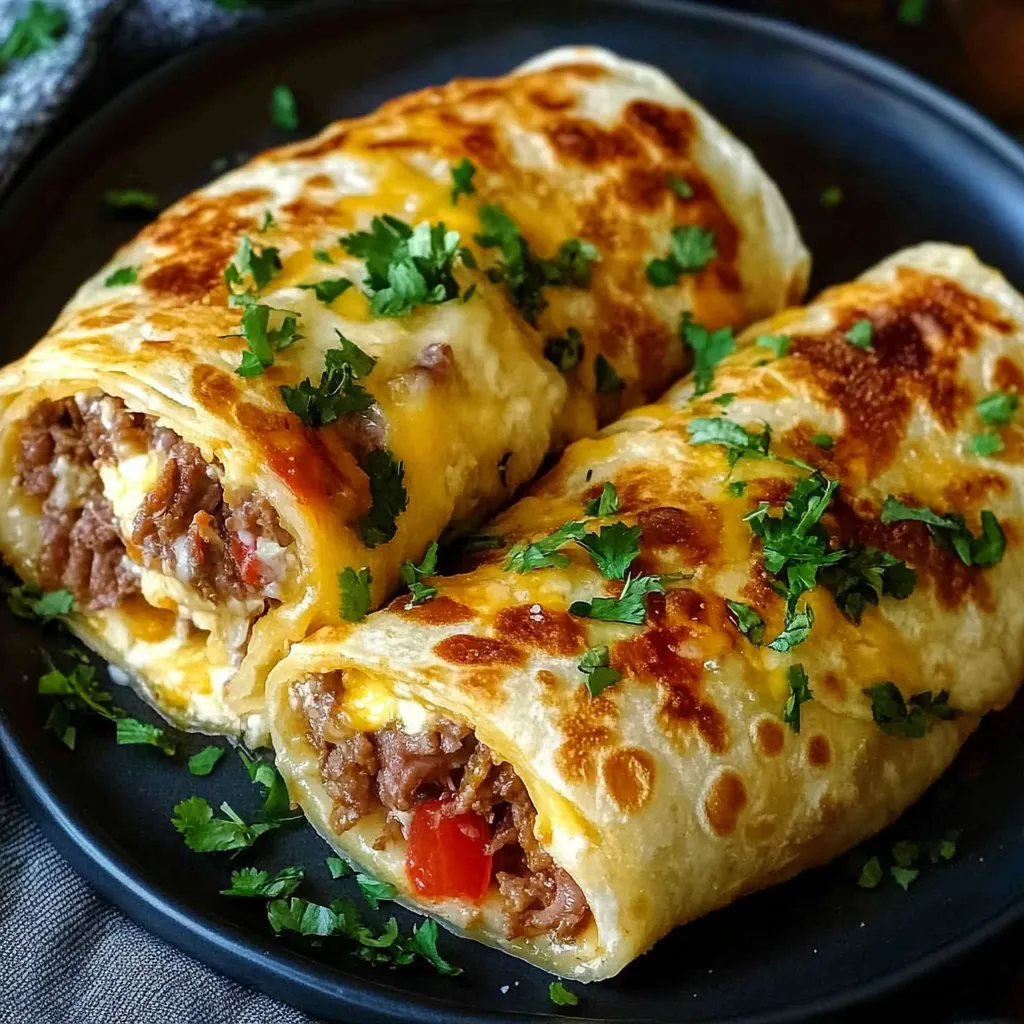Ein schwarzes Plate mit zwei Tortillas, die mit Hackfleisch und Käse gefüllt sind.
