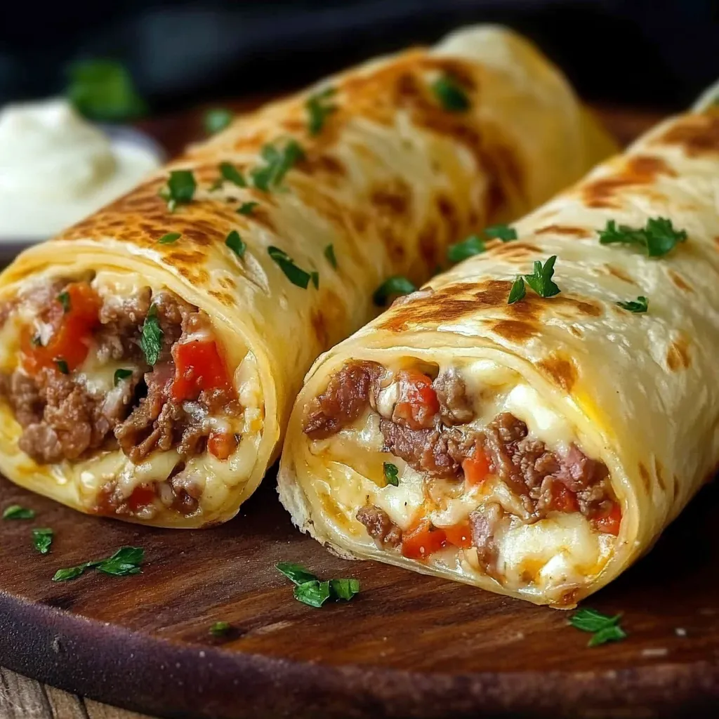 Zwei Tortillas mit Hackfleisch und Käse auf einem Tisch.
