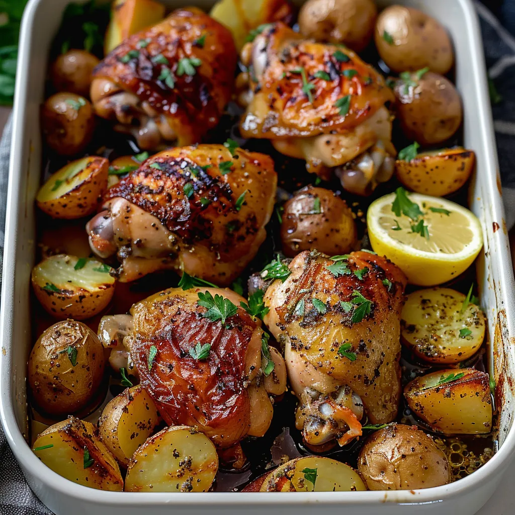 Ein weißer Teller mit gegrilltem Hühnchen und Kartoffeln.