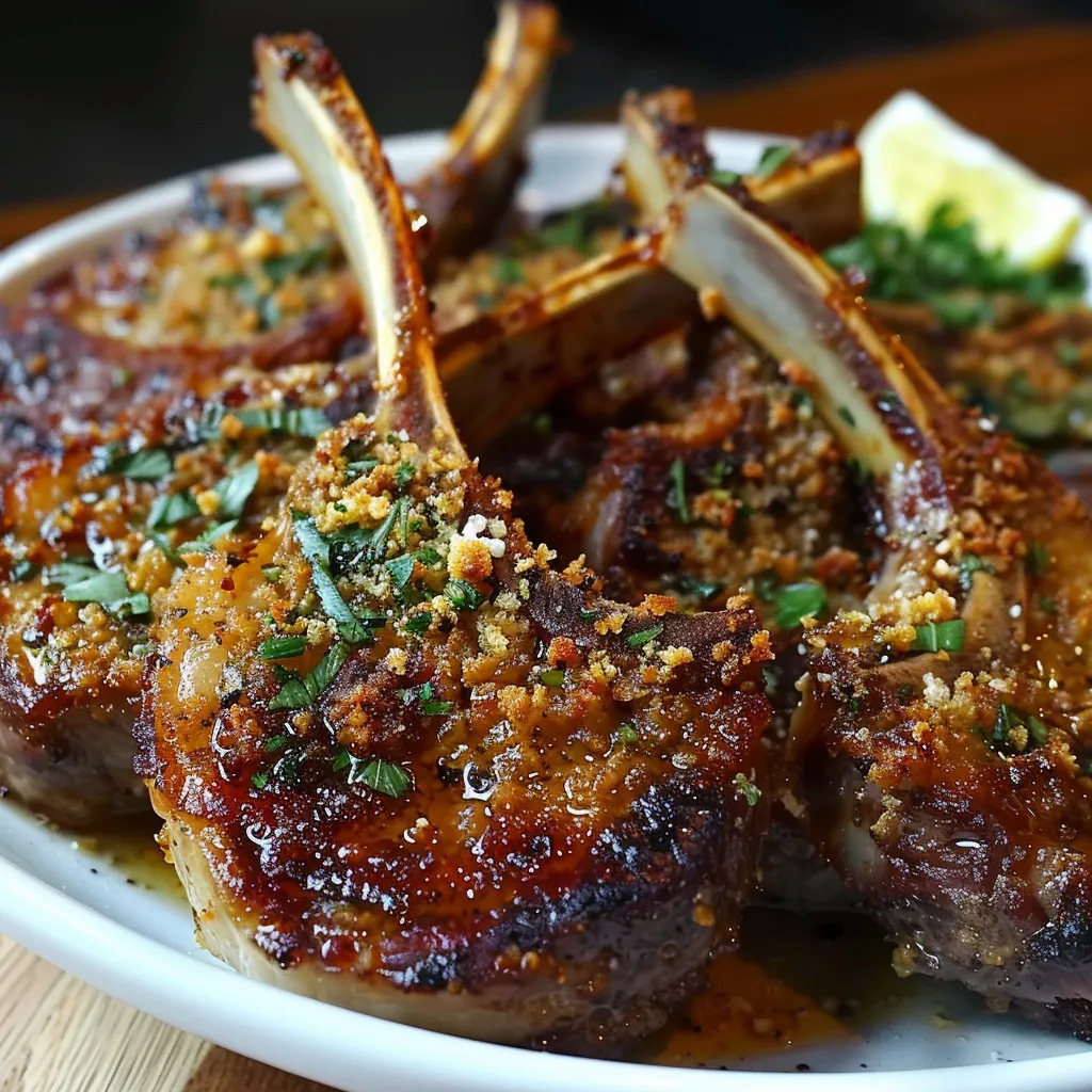Ein weißer Teller mit gegrilltem Fleisch, darunter eine Art von Koteletts, die mit Gewürzen und Kräutern zubereitet sind.