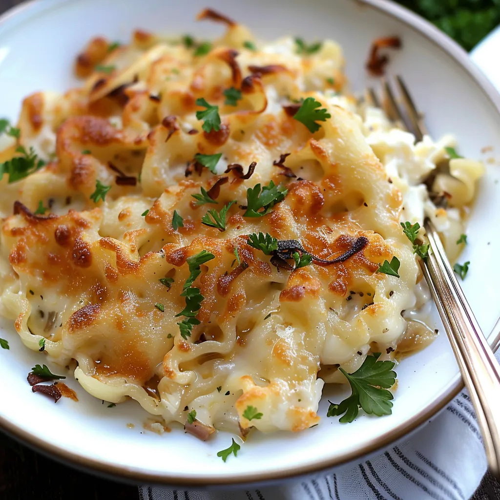Ein weißer Teller mit macaroni und cheese.