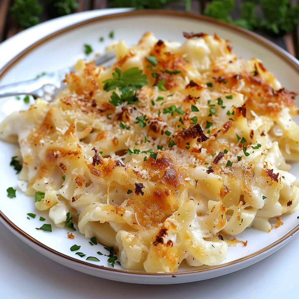 Eine Platte mit macaroni und cheese, garniert mit grünen Zwiebeln.