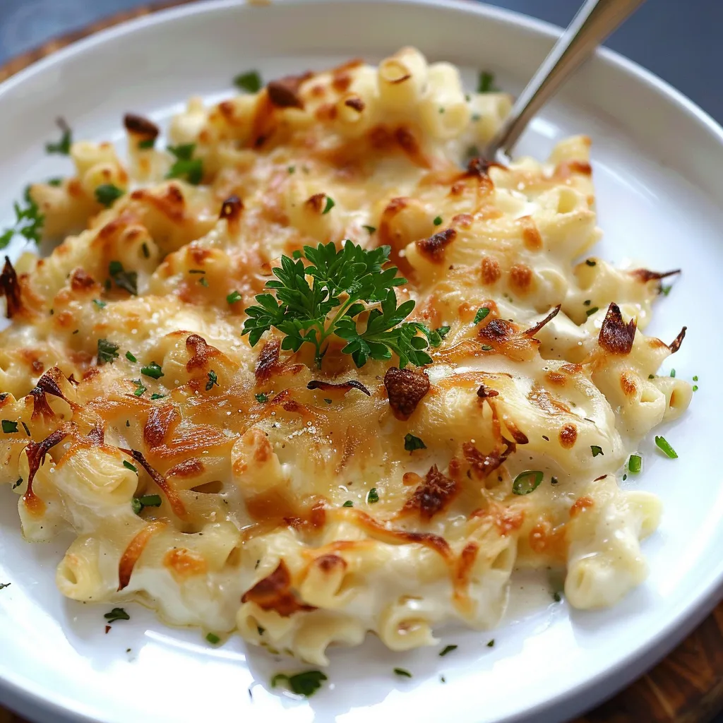 Ein weißer Teller mit macaroni und cheese.