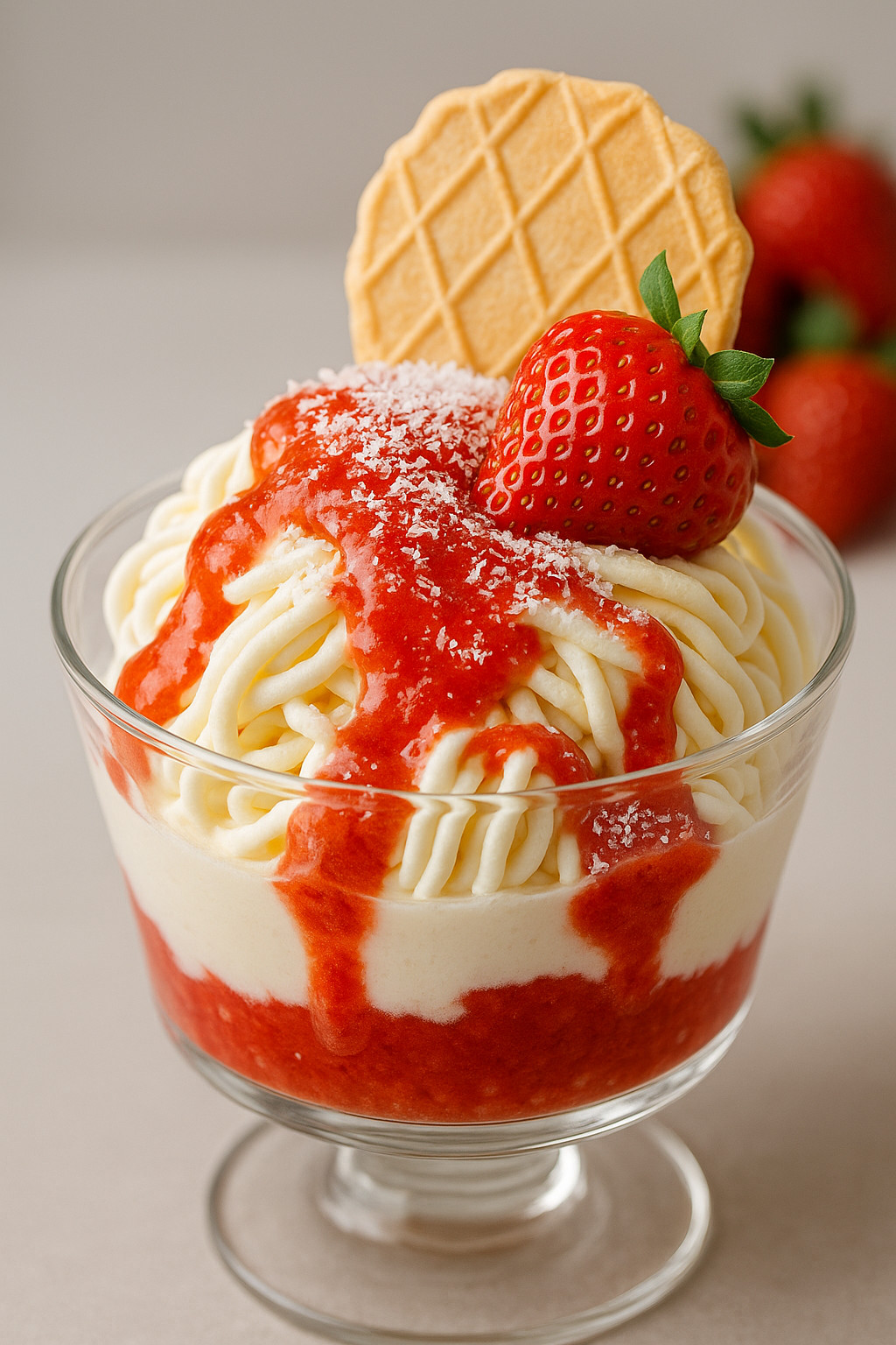 Eine Schüssel mit einer cremigen Masse, die mit Strawberries und Schokolade garniert ist.