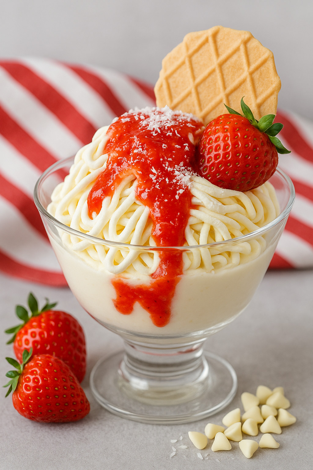Ein Glas mit einer Pudding-Topping, die mit Strawberries und Zucker garniert ist.