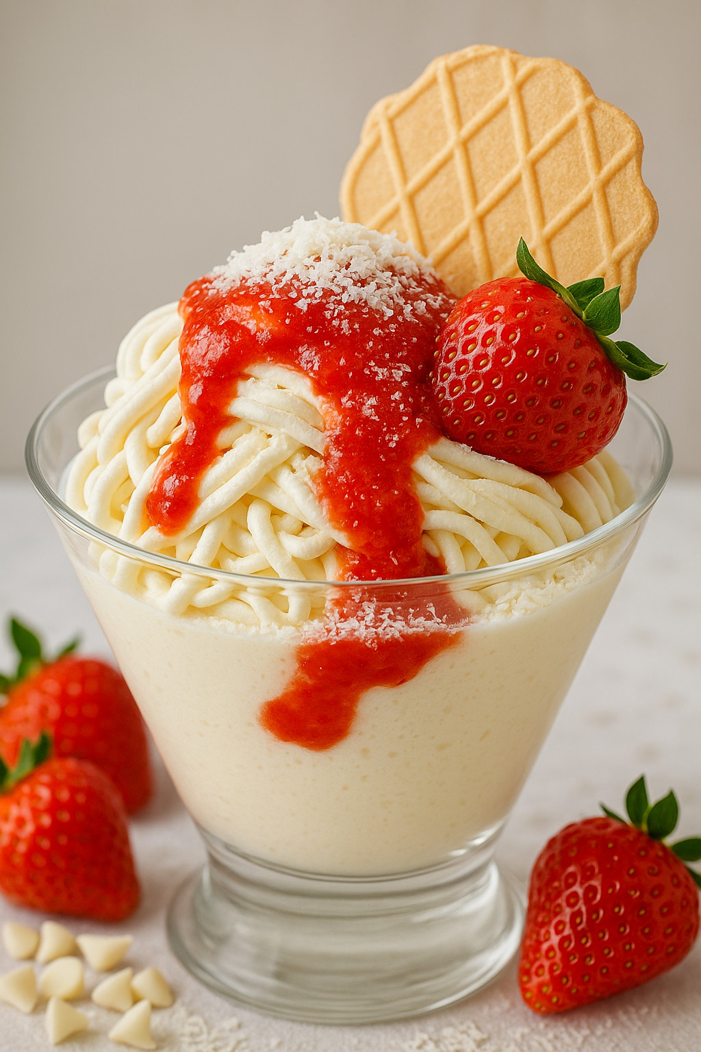 Eine Glasscheibe mit einer Pudding-Sorte, die mit einer Schmelzenden Sauce und Strawberries garniert ist.
