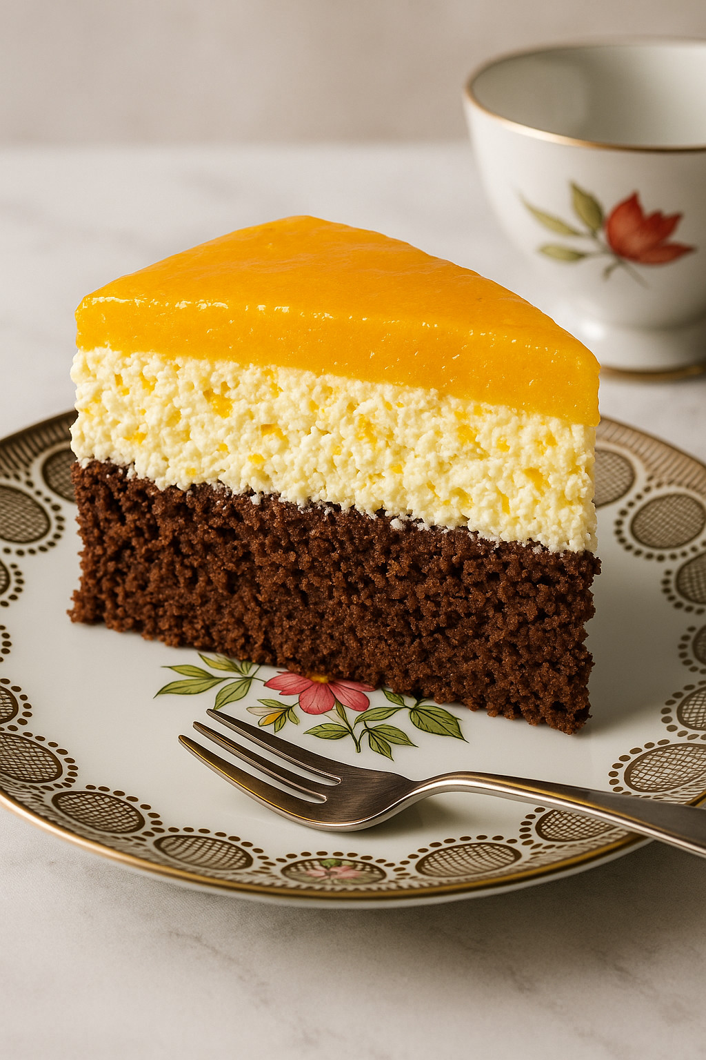 Eine Schokoladencake mit Vanillecreme auf einem goldenen Teller.