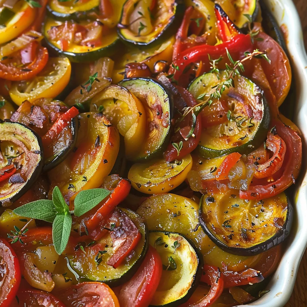 Eine Schüssel mit einer Mischung aus Zucchini, Tomaten, Paprika und Basilikum.