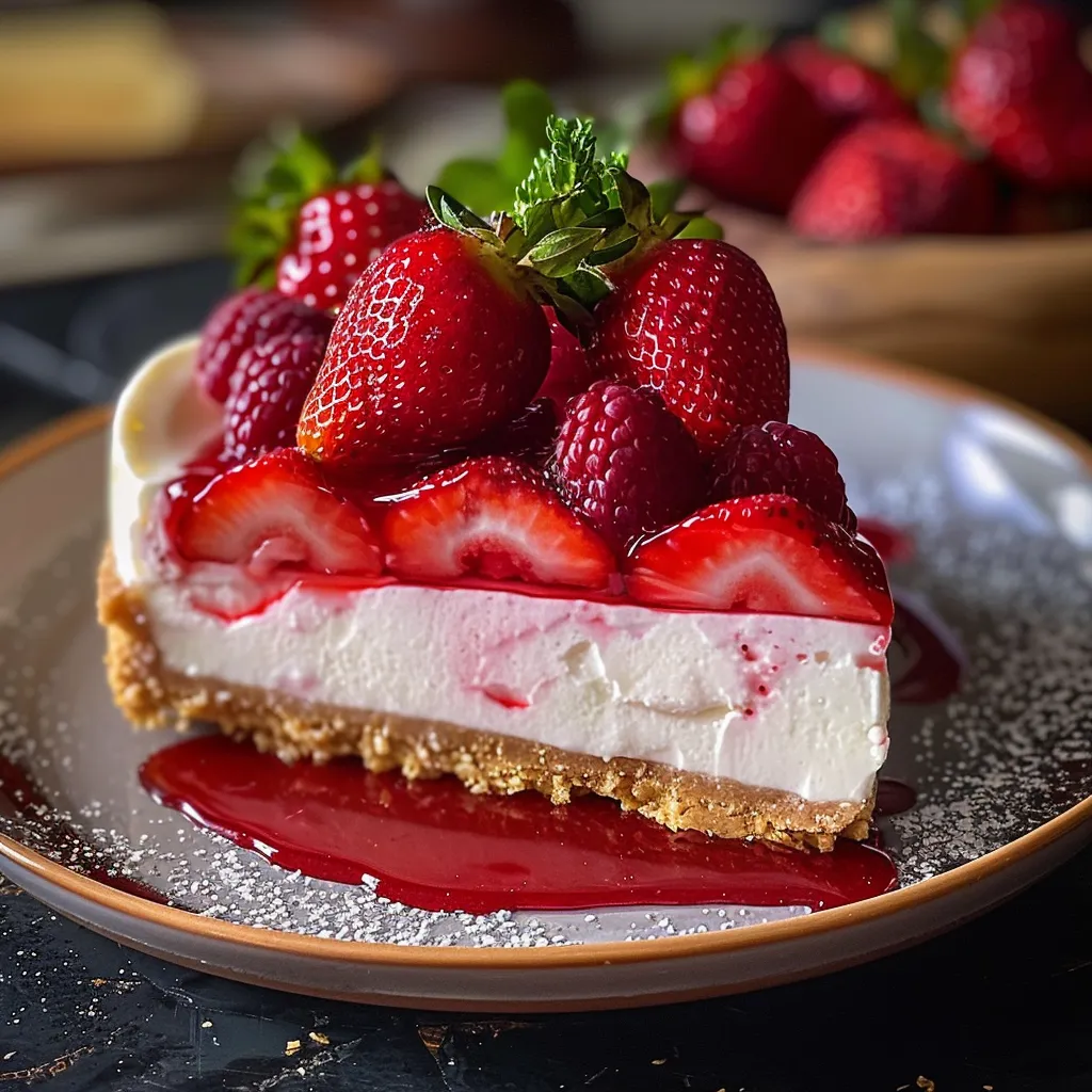 Eine Strawberry-Kuchenplatte mit Strawberries und einer Schicht aus Sahne und Zucker.