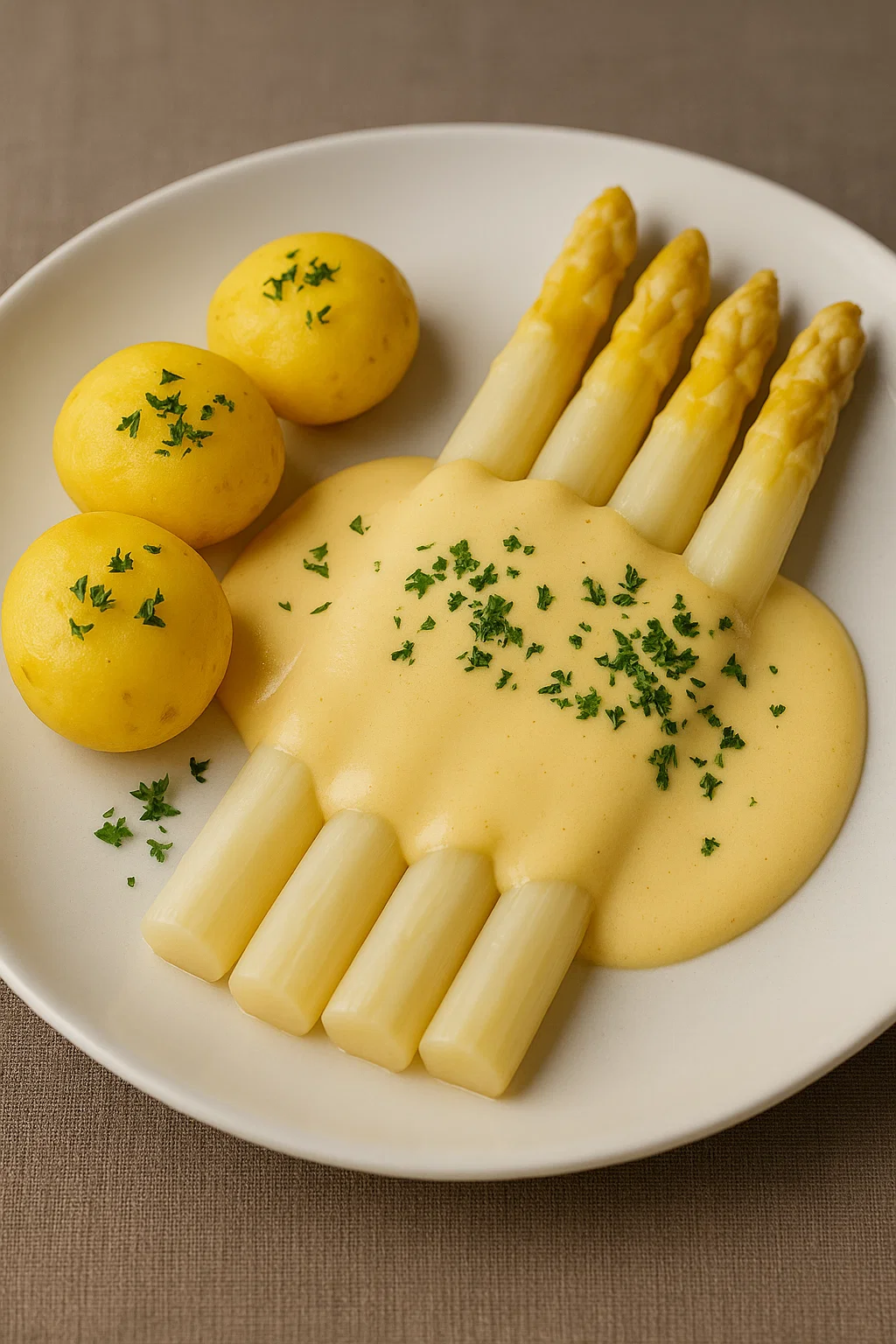 Eine Platte mit gegrillten Zwiebeln, Kartoffeln und Asparagus.