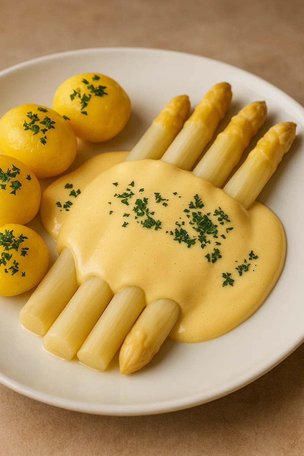 Eine Platte mit einer Hand, die mit Sauce bedeckt ist, und einer Handvoll Asparagus.
