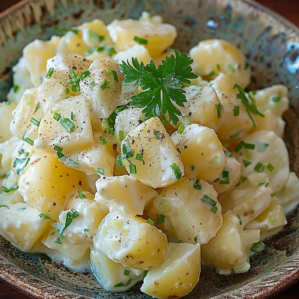 Ein großer, gefüllter Salat aus Kartoffeln, Zwiebeln und Knoblauch auf einem Teller.