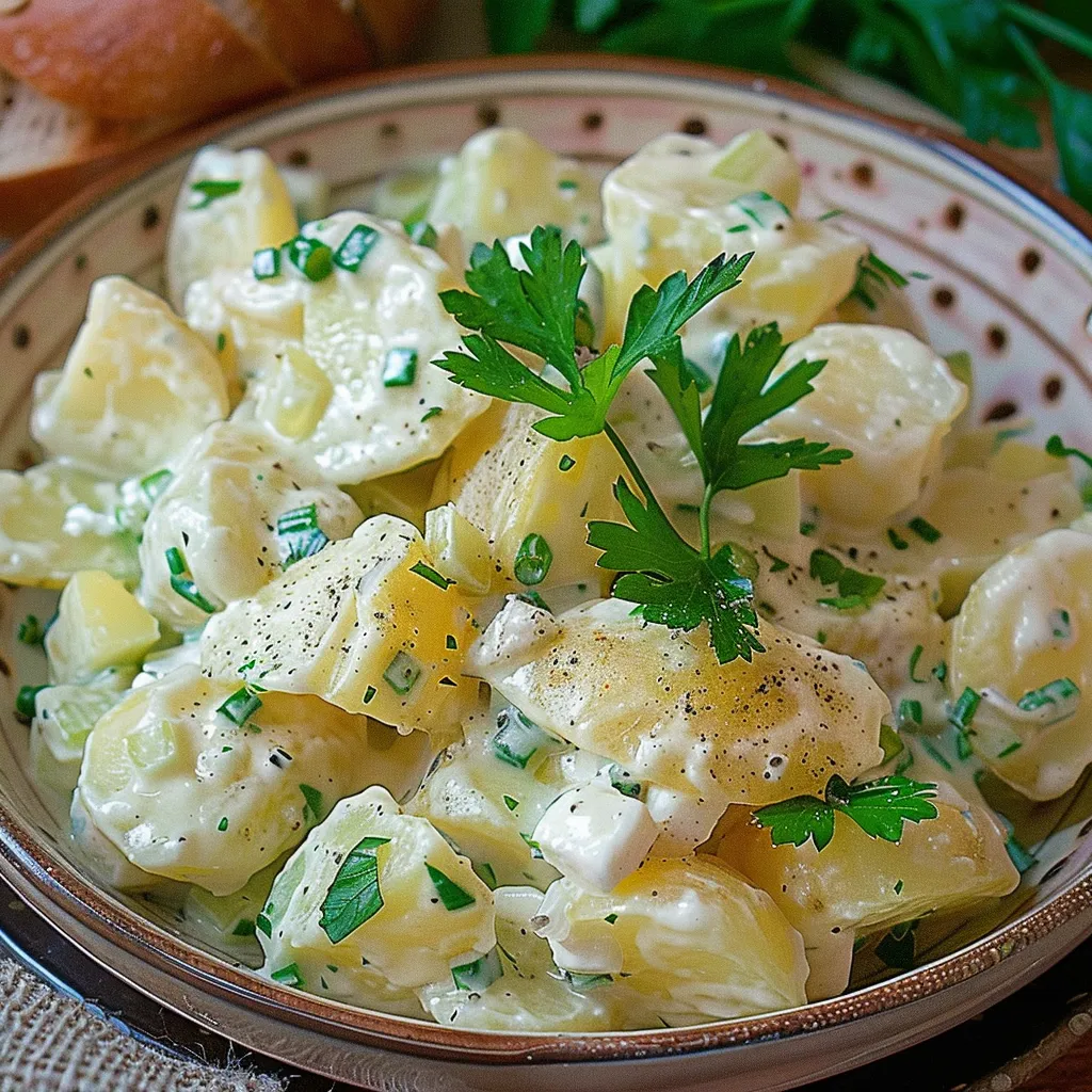 Ein Glas mit einer cremigen Sauce, die mit Zwiebeln und Kartoffeln zubereitet wurde.