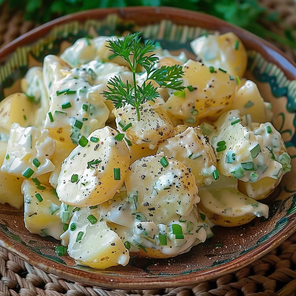 Ein weißer Teller mit einer Mischung aus Kartoffeln, Zwiebeln und Mayonnaise.