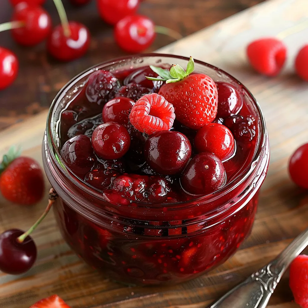 Eine Schüssel mit Cherry-Sauce und Strawberries.