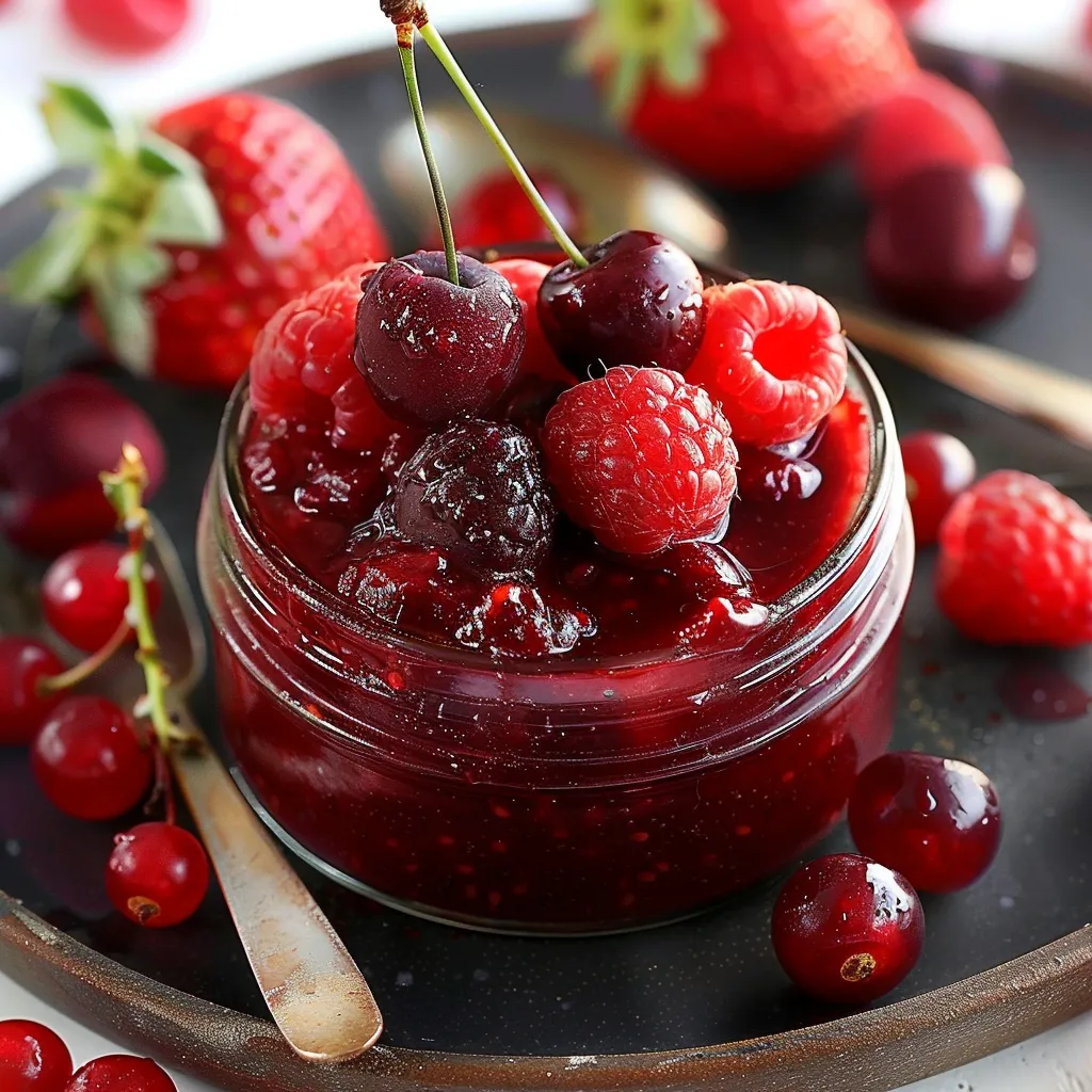 Eine Schüssel mit Cherry-Sauce und Cherry-Streusel, die auf einem Teller mit Cherry-Streusel und Cherry-Streusel liegen.