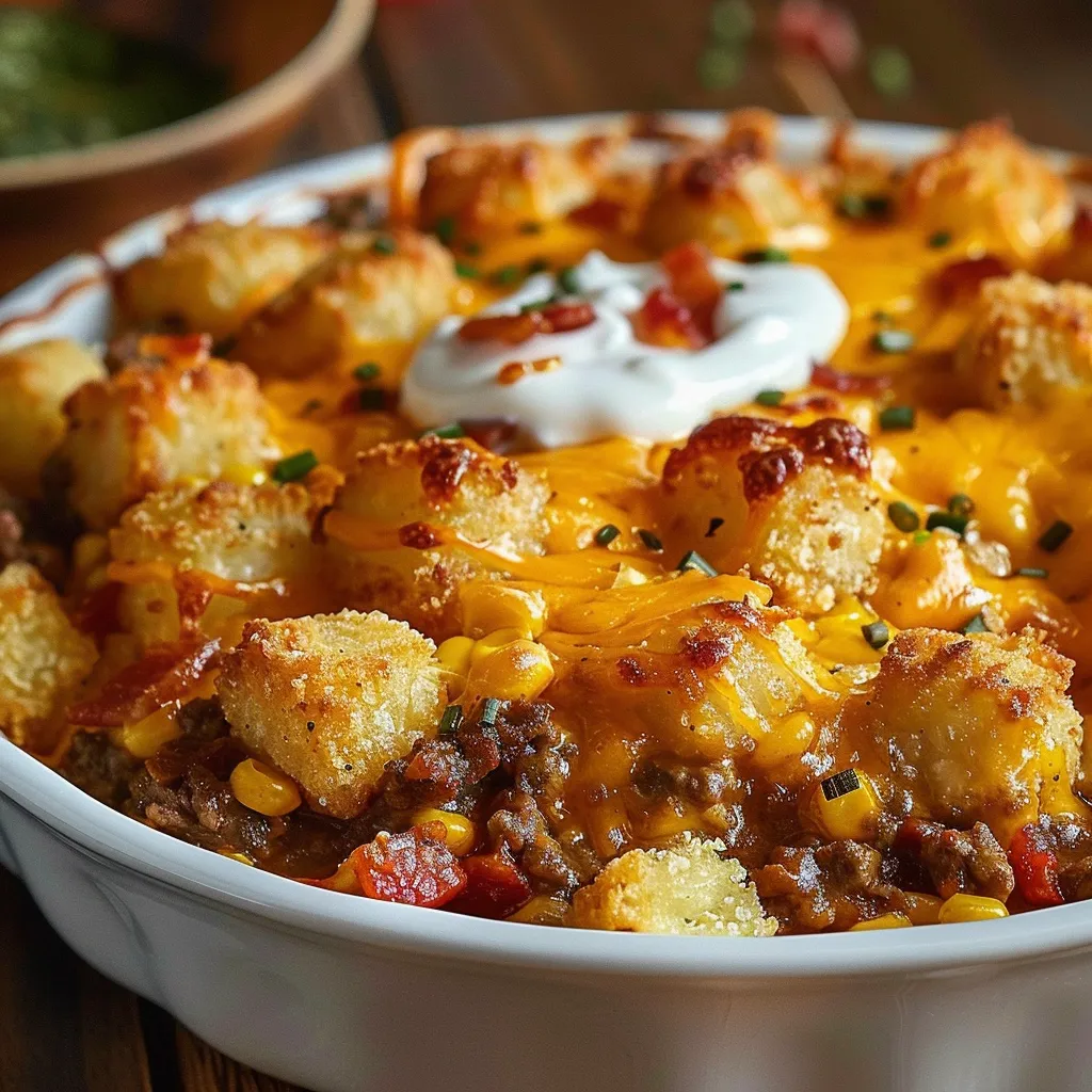 Ein weißer Teller mit einer Tater tot, die mit Käse, Tomaten, Paprika und Zwiebeln garniert ist.