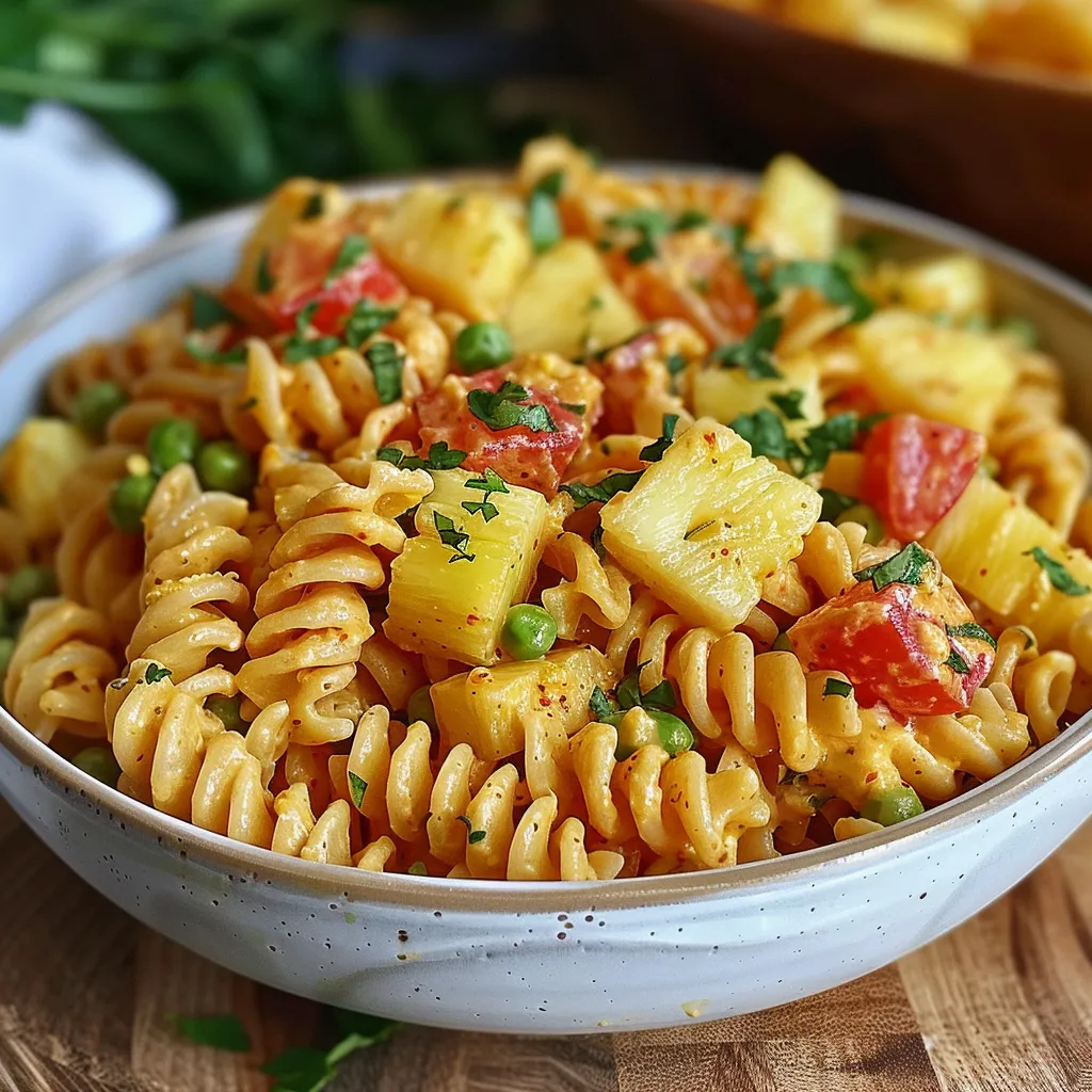Ein Schälchen mit Pasta, Tomaten, Pineapple und Peas.