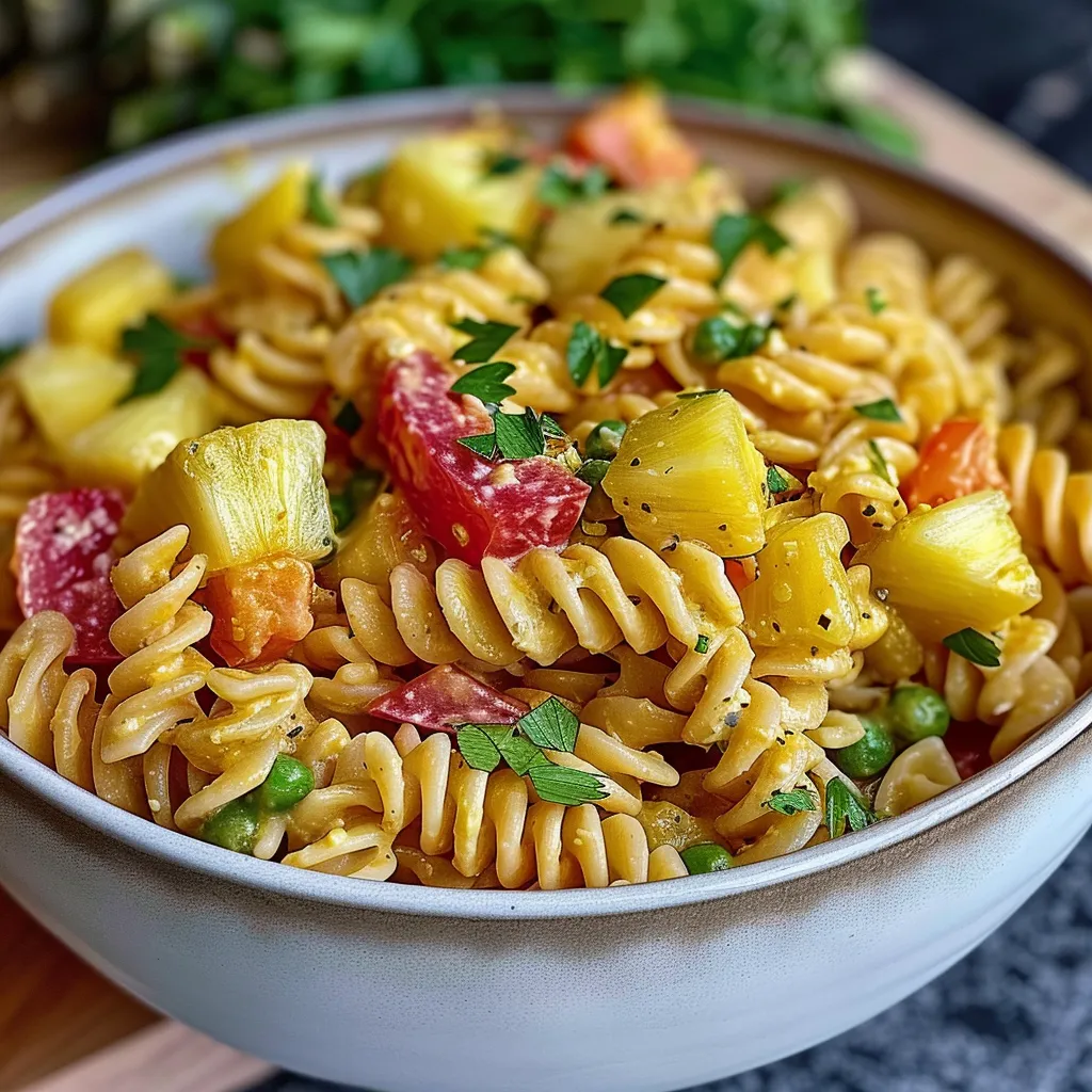 Ein weißer Teller mit einer Mischung aus Pasta, Tomaten, Pineapple, Peas und Zwiebeln.