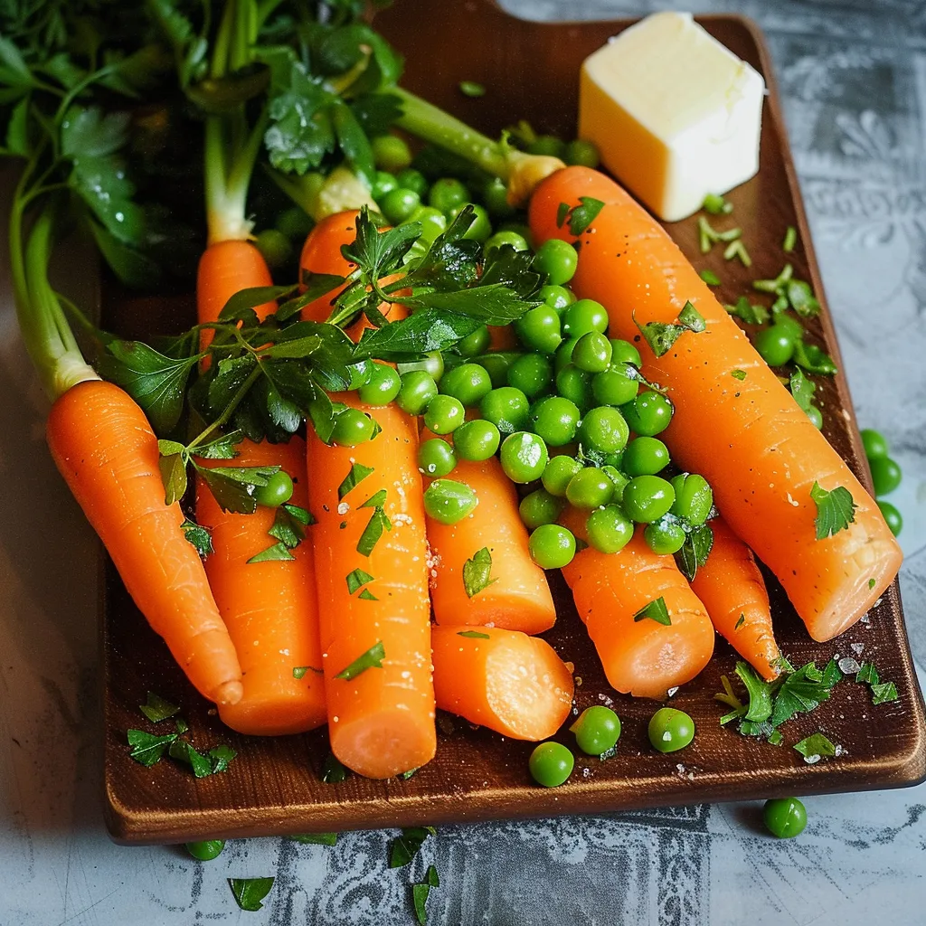 Eine Tischplatte mit frischem Gemüse, darunter Karotten, Erbsen und Zwiebeln.