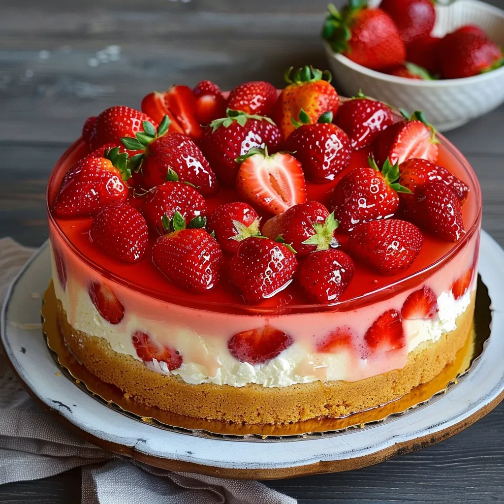 Eine Strawberry-Konfekt-Torte mit Strawberries und Vanille-Creme auf einem Teller.